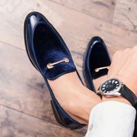 Handmade Blue Leather & Velvet Shoes, Men's Penny Loafers Moccasin Dress Shoes - Thumbnail 4