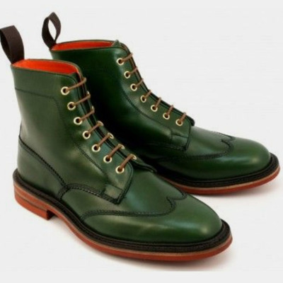 New men ankle high green leather wing tip lace up casual boot handmade - Thumbnail 1