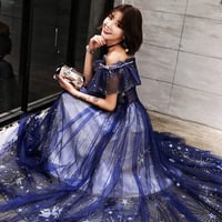 Blue tulle long prom dress with stars  - Thumbnail 1