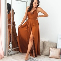 A-Line Spaghetti Straps Slit Side Cowl Neck Long Prom Dresses for Women,Fall Bridesmaid Dresses - Thumbnail 1