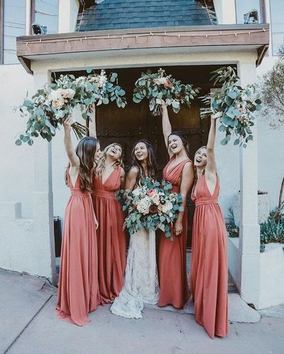 Simple V Neck Coral Chiffon Long Bridesmaid Dresses