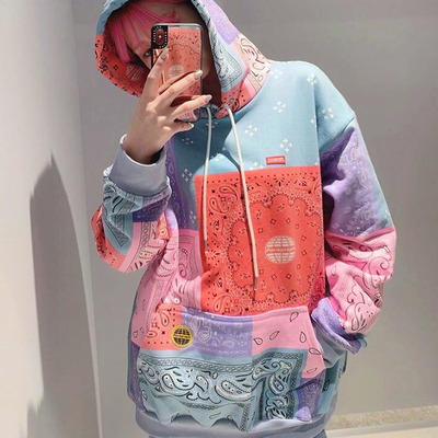Oversize bandanna tribal patchwork hoodie sweatshirt