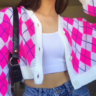 Pink Diamond Checker Knit Cardigan