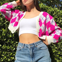 Pink Diamond Checker Knit Cardigan - Thumbnail 2