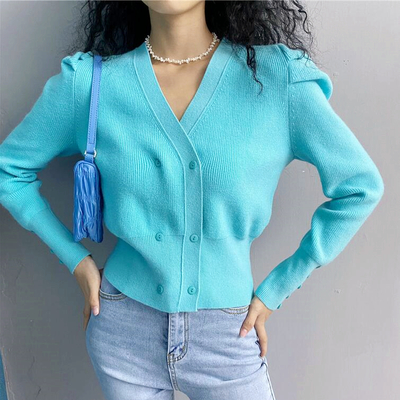 Vintage blue double-breasted puff sleeve knit cardigan