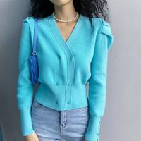 Vintage Blue Double-breasted Puff Sleeve Knit Cardigan - Thumbnail 1