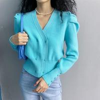 Vintage Blue Double-breasted Puff Sleeve Knit Cardigan - Thumbnail 3
