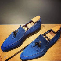Christmas Handmade New Blue Tassels Loafer Slips On Dress Formal Suede Shoes - Thumbnail 1