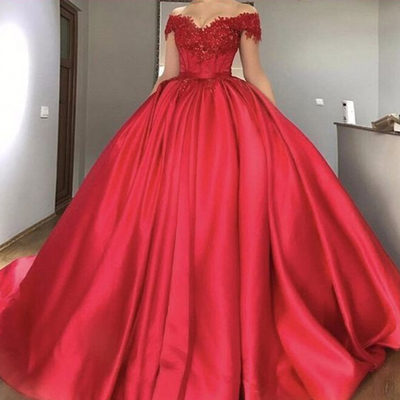 Off the shoulder red princess ball gown prom dress, bride gown with lace appliques，622