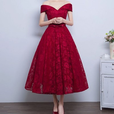 Red off the shoulder party dress,tea length lace homecoming dress,simple bridesmaid dresses,623