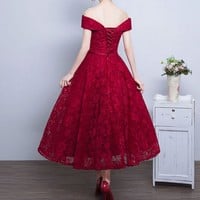 Red Off The Shoulder Party Dress,Tea Length Lace Homecoming Dress,Simple Bridesmaid Dresses,623 - Thumbnail 1