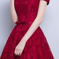 Red Off The Shoulder Party Dress,Tea Length Lace Homecoming Dress,Simple Bridesmaid Dresses,623 - Thumbnail 2