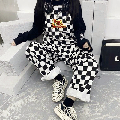 Don't talk to strangers printed checker overalls dungarees