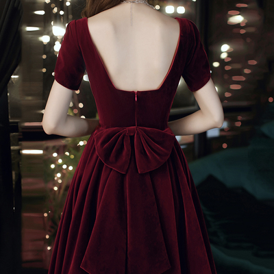 Cute velvet short prom dress with bow party dress - Thumbnail 4