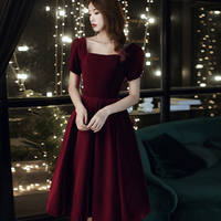 Cute velvet short prom dress with bow party dress - Thumbnail 1