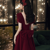 Cute velvet short prom dress with bow party dress - Thumbnail 3