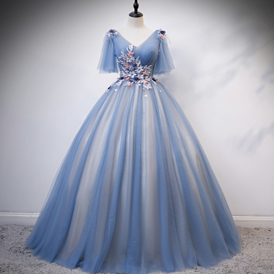 Blue v neck tulle long prom gown formal dress - Thumbnail 4