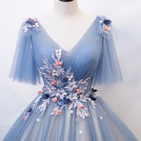 Blue v neck tulle long prom gown formal dress - Thumbnail 1