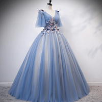 Blue v neck tulle long prom gown formal dress - Thumbnail 3