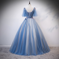 Blue v neck tulle long prom gown formal dress - Thumbnail 4