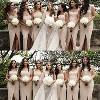 Sheath Scoop Neck Split Ivory Satin Bridesmaid Dresses - Thumbnail 1