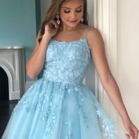 Cute A Line Scoop Neck Spaghetti Straps Light Blue Beading Homecoming Dresses with Appliques - Thumbnail 1