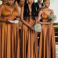 Sexy A-Line V Neck Spaghetti Straps Dark Gold Satin Long Bridesmaid Dresses - Thumbnail 1