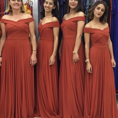 Elegant a-line off the shoulder burnt orange chiffon long bridesmaid dresses - Thumbnail 3