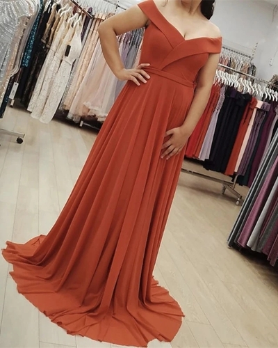 Elegant A-Line Off the Shoulder Burnt Orange Chiffon Long Bridesmaid Dresses