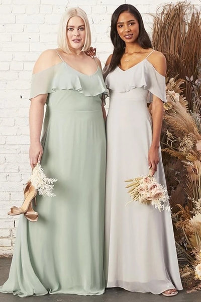 Simple A-Line Off the Shoulder Sage Chiffon Long Bridesmaid Dresses Under 100