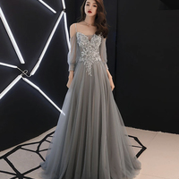 Gray tulle lace long A line prom dress evening dress - Thumbnail 8