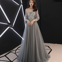 Gray tulle lace long A line prom dress evening dress - Thumbnail 7