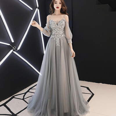 Gray tulle lace long a line prom dress evening dress