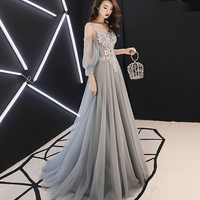 Gray tulle lace long A line prom dress evening dress - Thumbnail 2