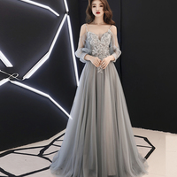 Gray tulle lace long A line prom dress evening dress - Thumbnail 3