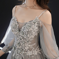 Gray tulle lace long A line prom dress evening dress - Thumbnail 4