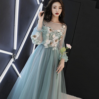 Green lace applique prom dress A line evening dress - Thumbnail 1