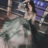 Green lace applique prom dress A line evening dress - Thumbnail 2