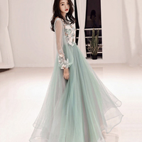 Green lace applique prom dress A line evening dress - Thumbnail 3