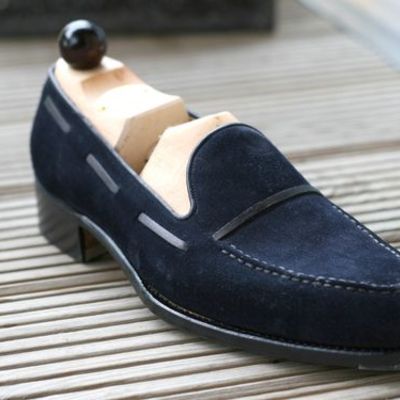 Customize navy blue loafer moccasin suede men party wear shoes