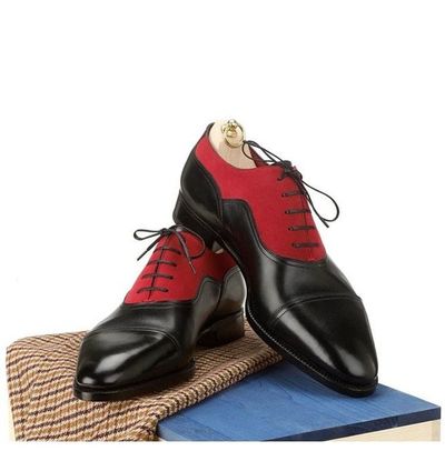 Men's Handmade Black & Red Cap Toe Leather & Suede Lace Up Dress Shoes