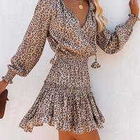 Long Sleeve Ruffled Leopard Print Dress - Thumbnail 2