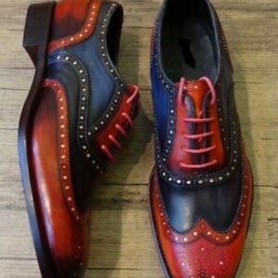 Men's handmade two tone wing tip leather lace up dress shoes - Thumbnail 3