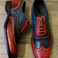 Men's Handmade Two Tone Wing Tip Leather Lace Up Dress Shoes - Thumbnail 1