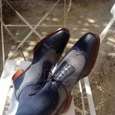 Men's handmade two tone wing tip leather lace up dress shoes - Thumbnail 1