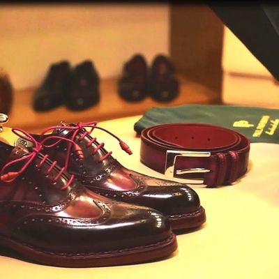 Men's handmade burgundy wing tip leather lace up dress shoes,oxford shoes - Thumbnail 1