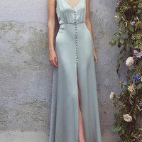 SP1087,Elegant Mint Green Silk Satin Prom Dresses,V-Neck Sheath Long Evening Gown - Thumbnail 1