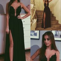 SP1091,A-Line Chiffon Black Prom Dress with Appliques Beading Split Long Evening Dress - Thumbnail 1