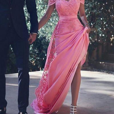 Sp1093,off the shoulder lace sexy long prom dress,pink lace evening dress,off the shoulder mermaid prom dresses - Thumbnail 5