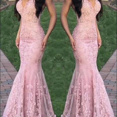 Sp1094,light pink mermaid lace v-neck long prom dresses formal evening gowns